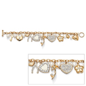 PalmBeach Jewelry Cultured Freshwater Pearl with Crystal Accents Charm Bracelet in Yellow Gold Tone