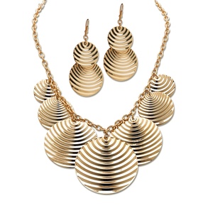 PalmBeach Jewelry 2 Piece Textured Multi-Disk Bib Necklace 16" and Drop Earrings Set in Yellow Gold Tone