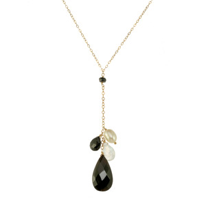 Black Onyx, Moonstone & Freshwater Pearl Drops "Y" Chain Gold Over Sterling  Silver Necklace