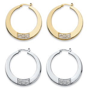 PalmBeach Jewelry Round Crystal Square Cluster 2-Pair Hoop Earrings Set in Gold Tone and Silvertone 1.75"