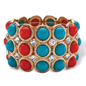 PalmBeach Jewelry Red and Blue Bead and Crystal Stretch Bracelet in Gold Tone 8"